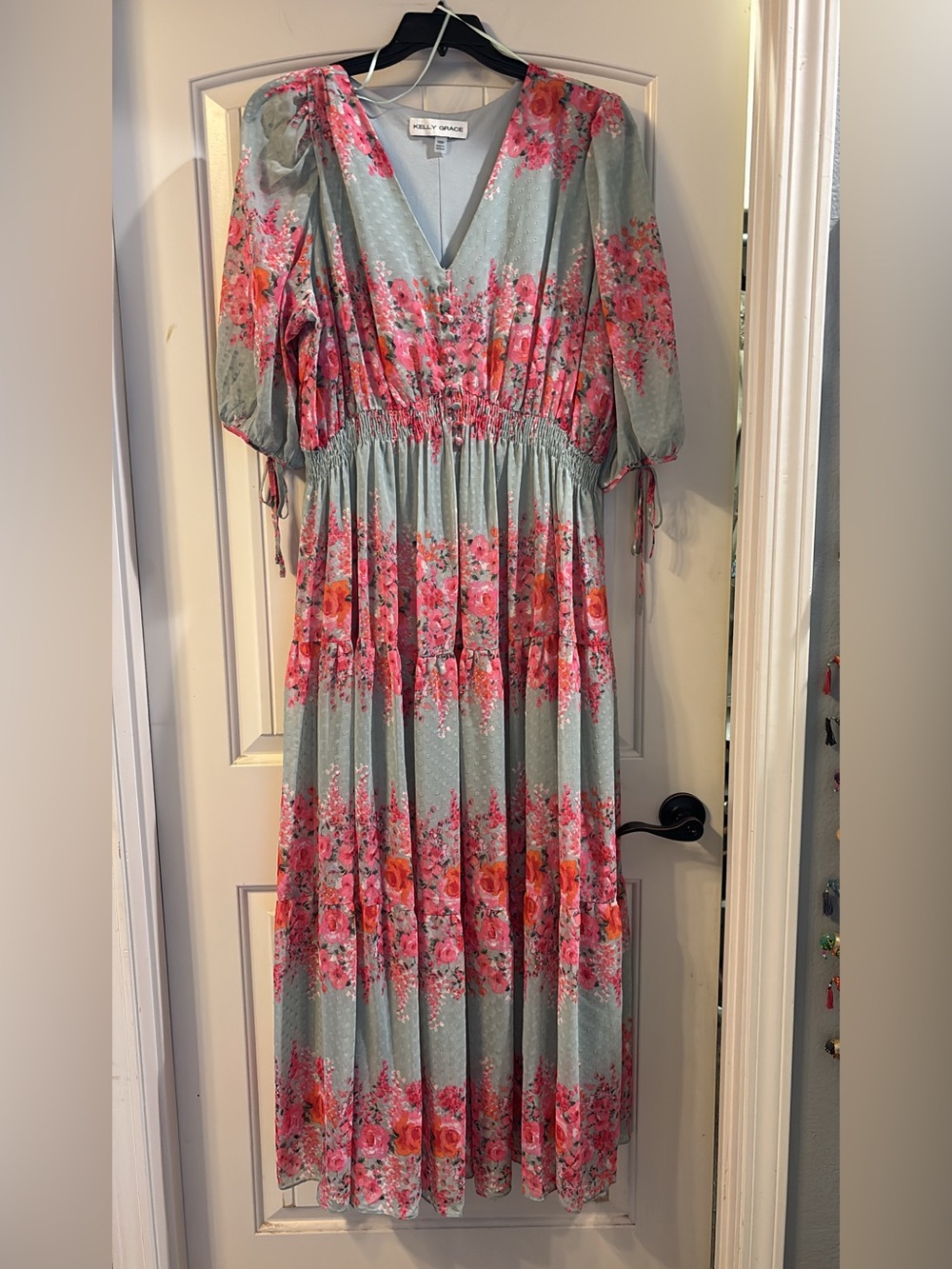 Floral V-Neck Tiered Maxi Dress in Dusty Mint and Pink